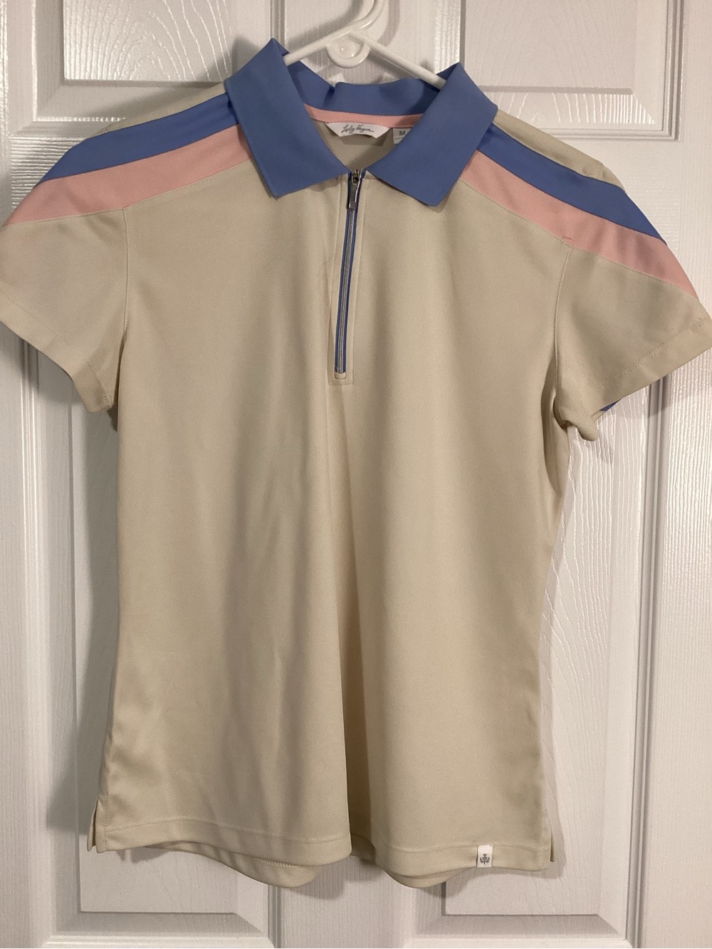 Lady Hagen Beige Polo with Blue Collar and Pink Trim